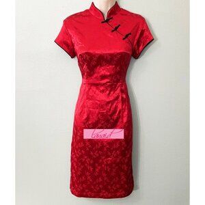 Asian Chinese Oriental Japanese Red Satin Stretchy Mandarin Short Sleeve Dress S